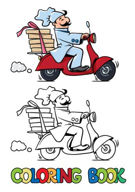 Komik pizza chef scooter üzerinde. Boyama kitabı