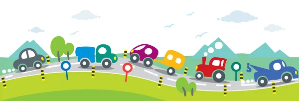 Fondo horizontal sin fisuras de coches en la carretera — Vector de stock