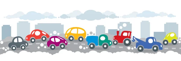 Small funny cars on the urban city road background — Stock Vector