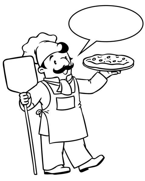 Libro da colorare di cuoco divertente o chef con pizza — Vettoriale Stock
