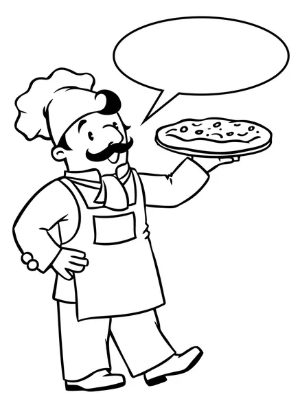 Libro da colorare di cuoco divertente o chef con pizza — Vettoriale Stock