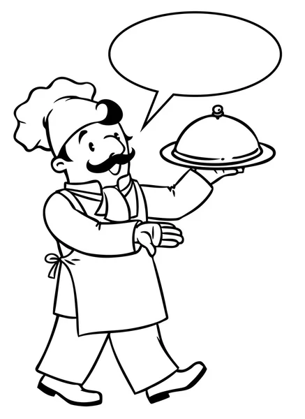 Cuisinier drôle ou chef avec plateau. Livre à colorier — Image vectorielle