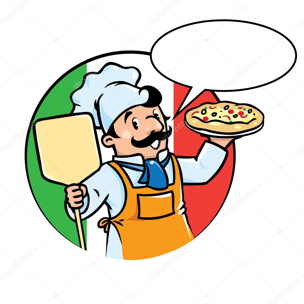 Emblem of funny cook or chef or baker with pizza on background colors of the Italian flag. Children vector illustration. With balloon for text