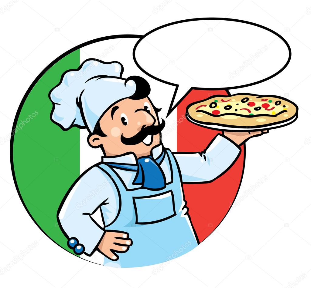 Emblem of funny cook or chef or baker with pizza on background colors of the Italian flag. Children vector illustration. With balloon for text