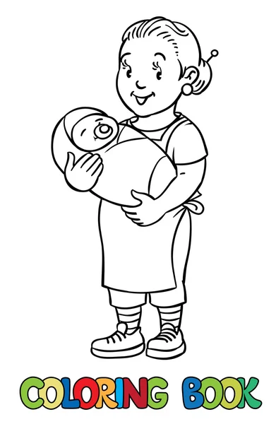 Funny nanny with baby. Coloring book. — Stock Vector