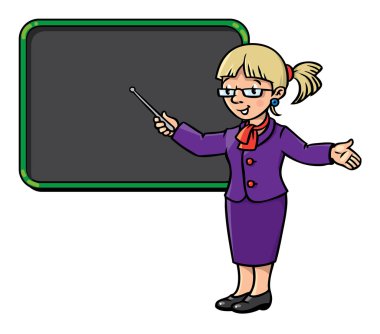 Komik öğretmen göstergesi ile. Meslek serisi.