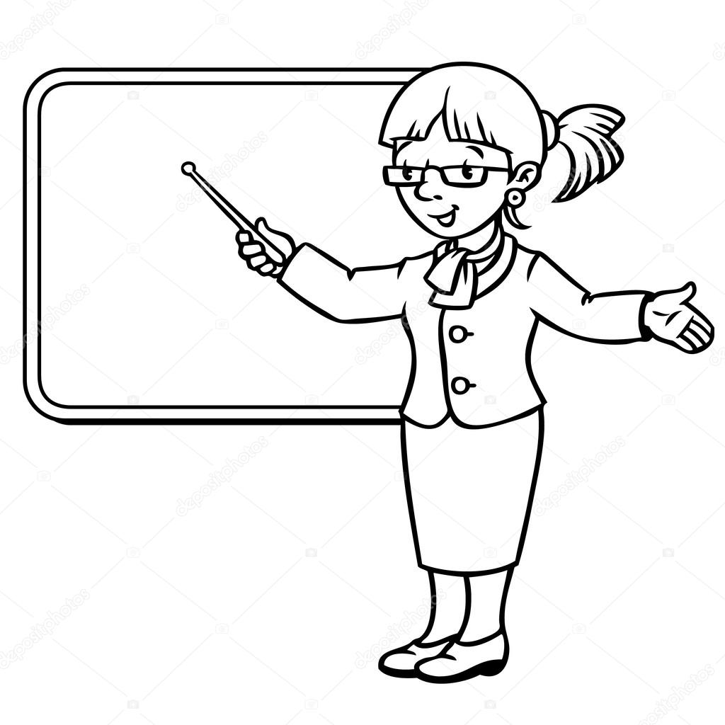 Bambini dell di insegnante divertente con il puntatore in un vestito violetto alla lavagna Serie di professione Disegno lineare o contorno — Vettoriali di