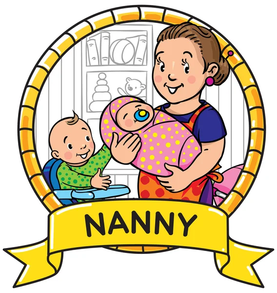 Grappige moeder of nanny met kinderen. Embleem. — Stockvector