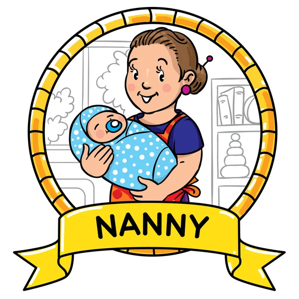 Grappige moeder of nanny met baby. Embleem. — Stockvector