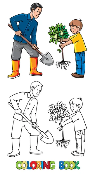 Rapaz com uma árvore e homem com pá. Os Jardineiros — Vetor de Stock