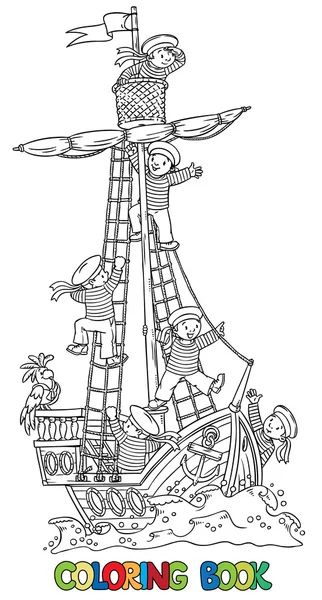 Gemi ve mutlu denizciler ile boyama kitabı