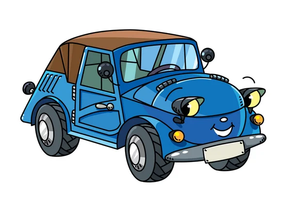 Coche retro pequeño divertido con ojos y boca. — Vector de stock