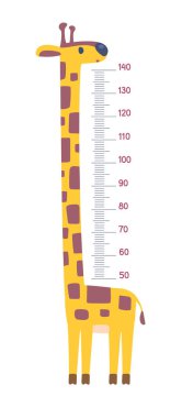 Uzun boyunlu neşeli komik zürafa. Yükseklik ölçer, metro duvarı ya da duvar çıkartması. Büyümeyi ölçmek için 50 ile 140 santimetre arası ölçekli çocuk vektör çizimi