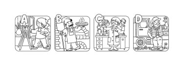Meslek boyama kitabı seti olan ABC çalışanları.