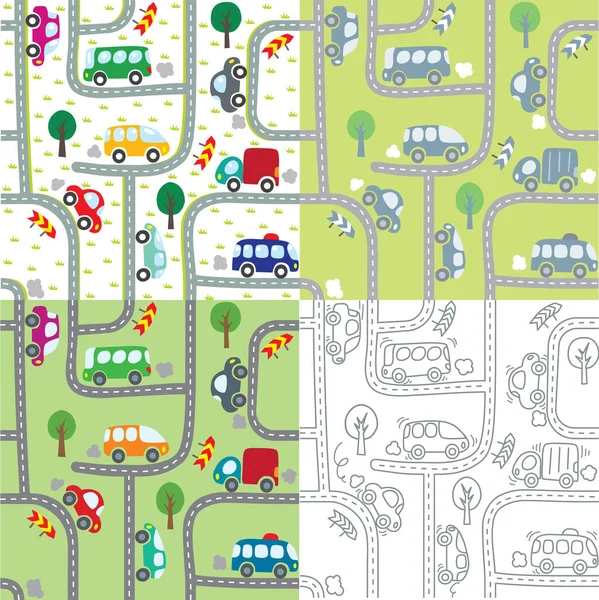 Cars on the road. Seamless pattern set. — Stock Vector