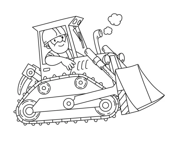 Un ouvrier dans un bulldozer. Livre à colorier — Image vectorielle