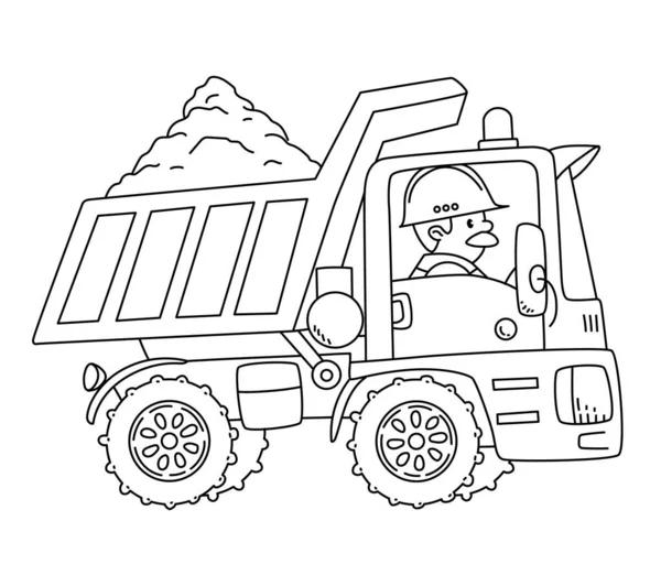 Travailleur de la construction dans un camion à benne. Livre à colorier — Image vectorielle
