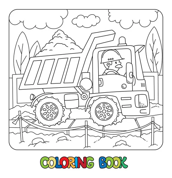 Travailleur de la construction dans un camion à benne. Livre à colorier — Image vectorielle