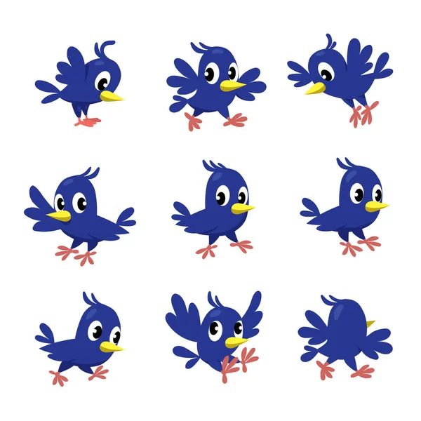 面白い青い鳥の漫画セット。子供向けイラスト — ストックベクタ