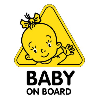 Bebek arabada. El sallayan komik küçük kız. Çocuklar metinle illüstrasyon yapar. Otomobilin arka camı için sarı üçgen çıkartma. Çocuk araba koltuğunun arkasından dışarı bakar.