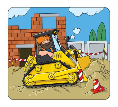Şoförlü buldozer, inşaat işçisi. Çocuklar için vektör karikatürü. Küçük, komik, şirin bir erkek arabası. Çocuk çizimi. İnşaat makineleri.