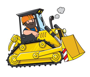 Şoförlü buldozer, inşaat işçisi. Çocuklar için vektör karikatürü. Küçük, komik, şirin bir erkek arabası. Çocuk çizimi. İnşaat makineleri.