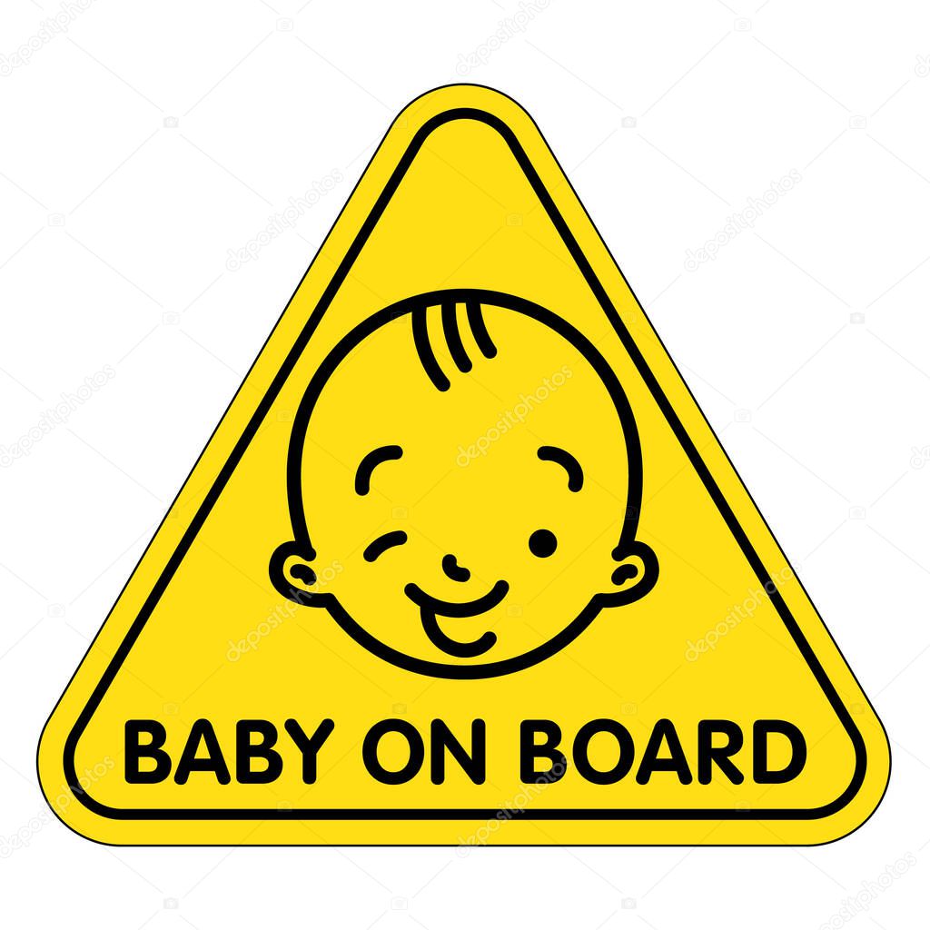 Baby on board. Baby in car. Funny small smiling face of boy or girl. Children vector illustration with text. Yellow round sticker for the back window of the automobile.