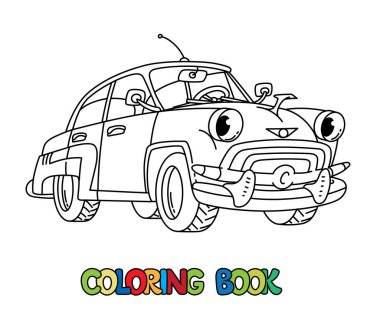 Gözleri olan komik, küçük bir retro araba. Boyama kitabı