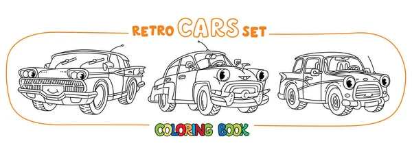 Funny pequeños coches retro con ojos para colorear libro conjunto — Vector de stock