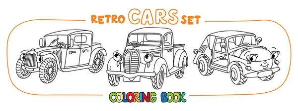 Roliga små retro bilar med ögon målarbok set — Stock vektor