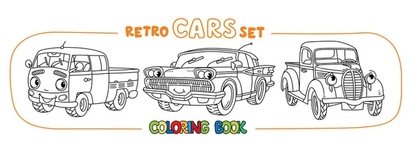Funny pequeños coches retro con ojos para colorear libro conjunto — Archivo Imágenes Vectoriales