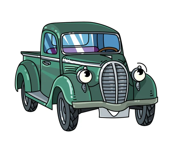 Funny small old green truck with eyes — Stock vektor