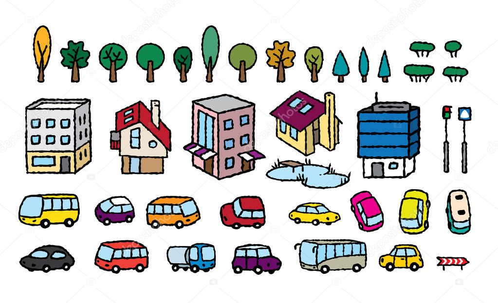 City pattern map elements. Cars, buildings, trees