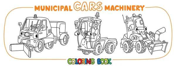 Funny municipal cars with eyes coloring book set — Stock Vector