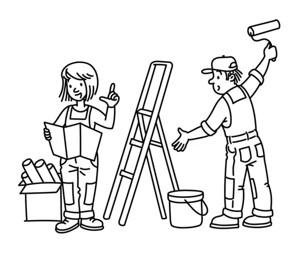 Renovación del apartamento. Dibujos animados con hombre y mujer — Vector de stock