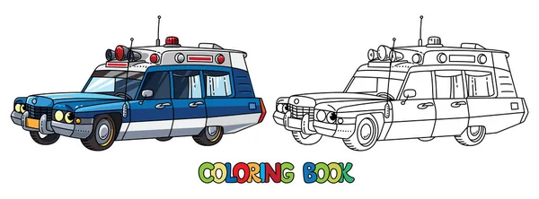 目で面白いレトロな救急車の車。ぬり絵 — ストックベクタ