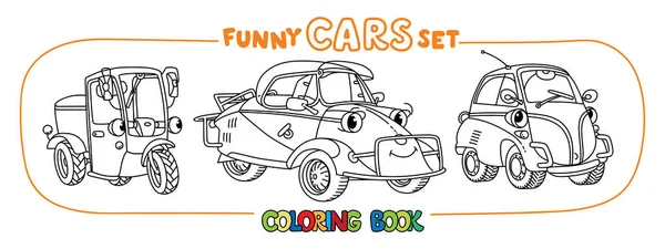 Funny pequeños coches retro con ojos para colorear libro conjunto — Vector de stock