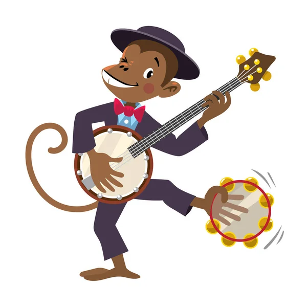Μαϊμού με μπάντζο. Τζαζ μπάντα με ζώα. — Διανυσματικό Αρχείο