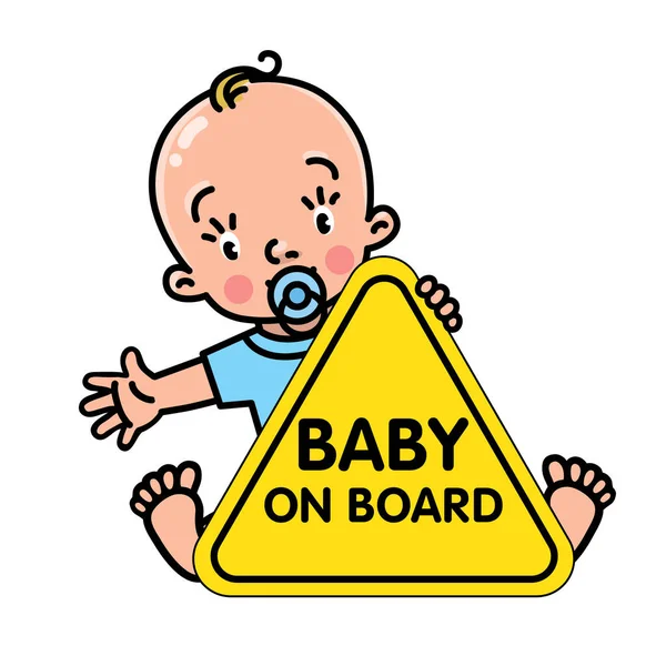 Baby aan boord sticker. Grappige kleine jongen en teken — Stockvector