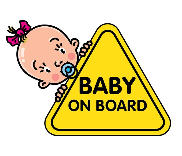 Baby on board sticker. Funny small girl and sign — Stock Vector