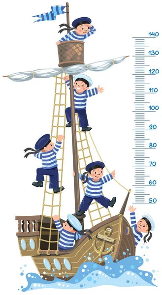 Parede de medidor com navio e marinheiros felizes —  Vetores de Stock