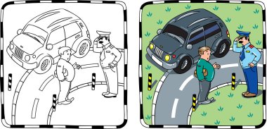 Polis ve arabası sürücüsü. boyama kitabı