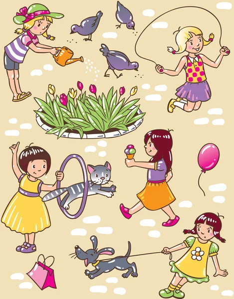 Seamless pattern with playing girls — Stock Vector