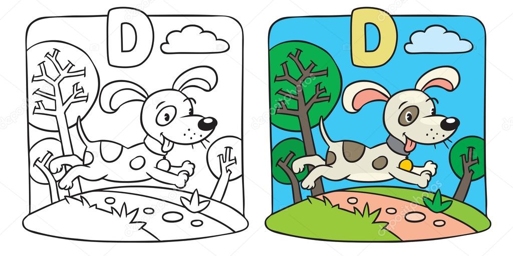 Coloring book of little funny dog. Alphabet D