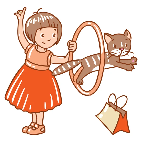 女孩与猫玩 — 图库矢量图片