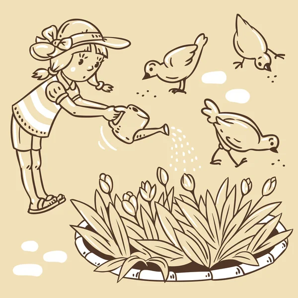 Chica regando las flores — Vector de stock