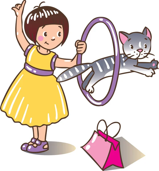 女孩与猫玩 — 图库矢量图片