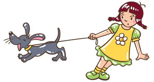 Chica con perro ladrando — Vector de stock