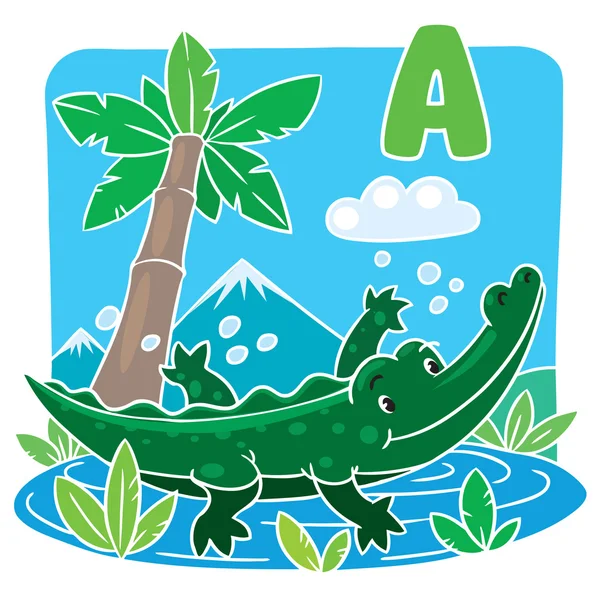 Little funny crocodile or alligator. Alphabet A — Stock Vector