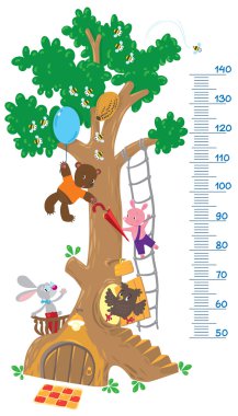 Meter wall with big tree and funny animals clipart